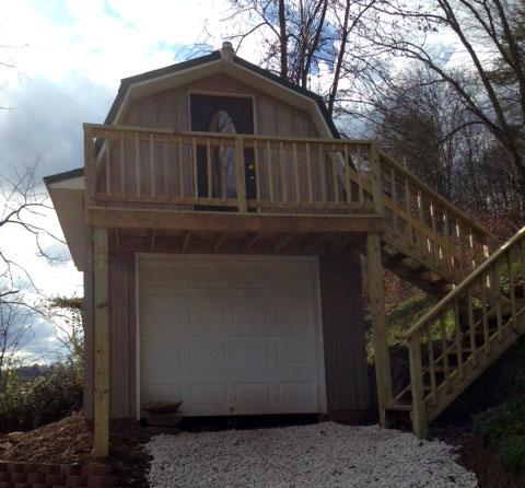Gambrel barn shed with pre-hung house door