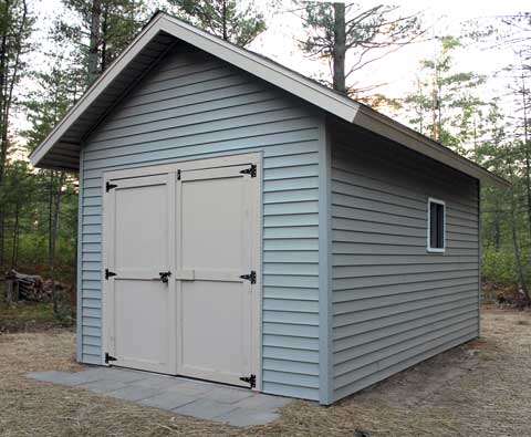 Deluxe gable shed with vinyl siding and double doors on end